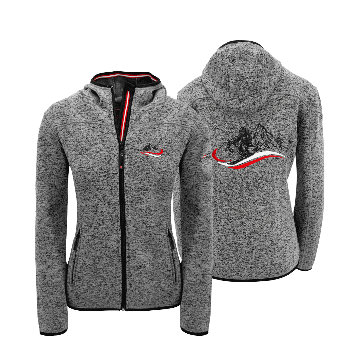 Dunkelgraue Strickfleece Jacke Damen Ski Stickerei