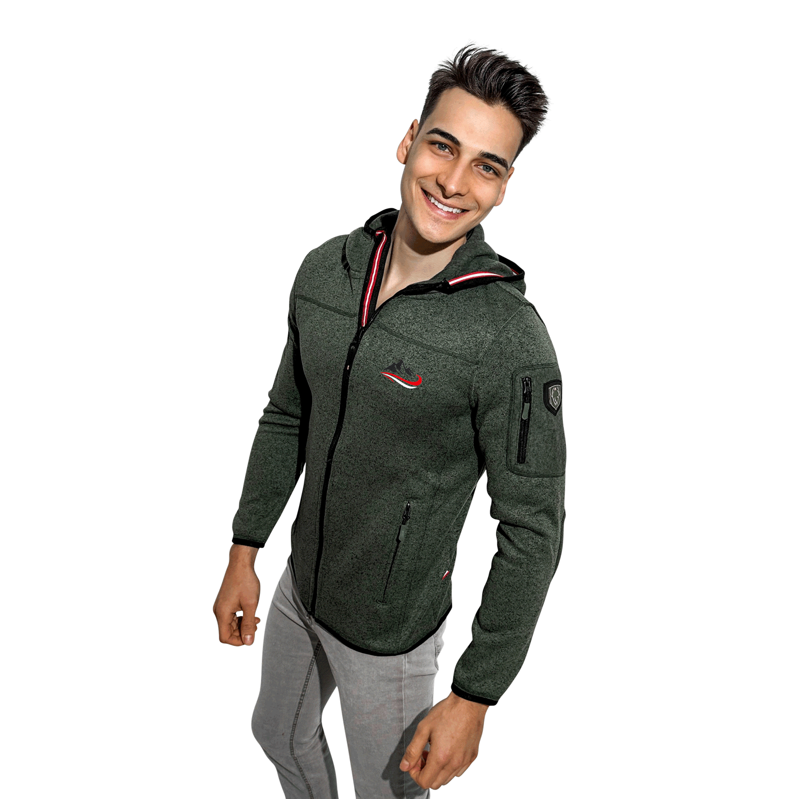 Dunkelgrüne Fleece Jacke mit Berg Stickerei