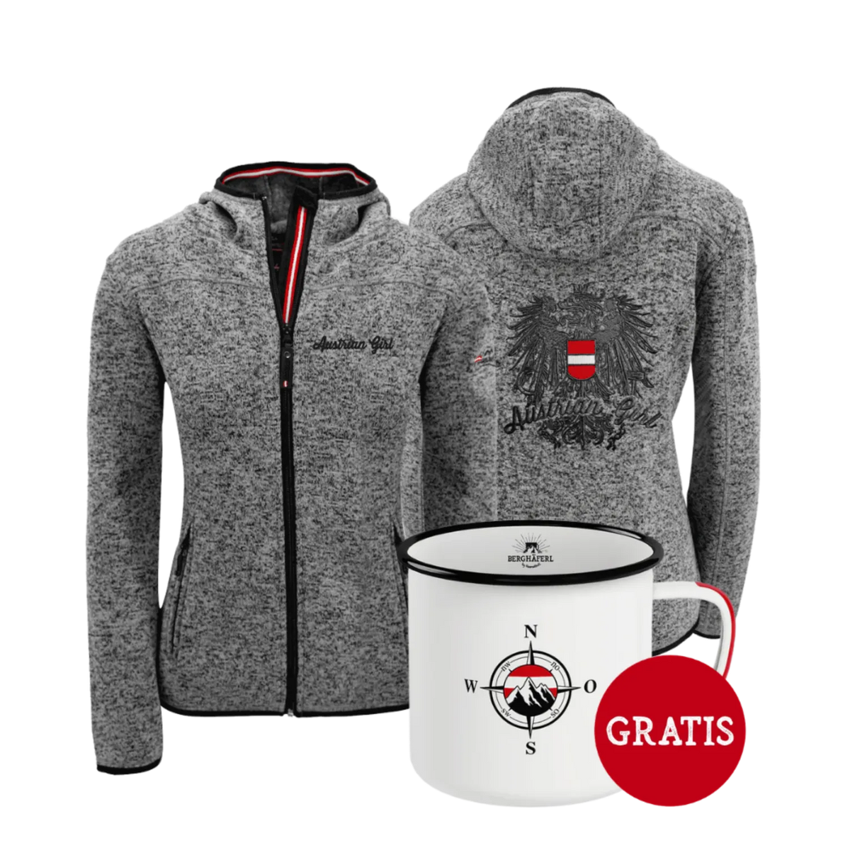 Geschenkpaket Austrian Girl Kultjacke dunkelgrau Berghäferl #Farbe_Dunkelgrau #Auswahl_Mit Kapuze