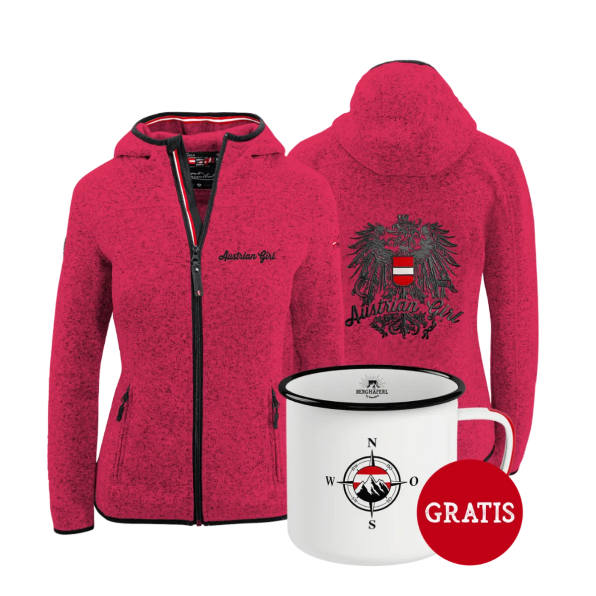 Geschenkpaket Austrian Girl Kultjacke magenta Berghäferl #Farbe_Magenta #Auswahl_Mit Kapuze