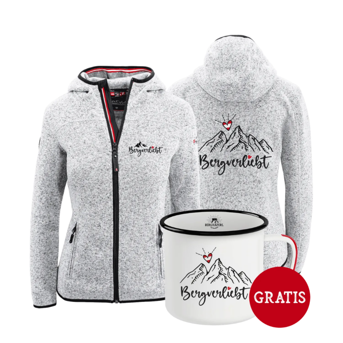 Geschenkpaket Bergverliebt Kultjacke hellgrau Berghäferl #Farbe_Hellgrau #Auswahl_Mit Kapuze