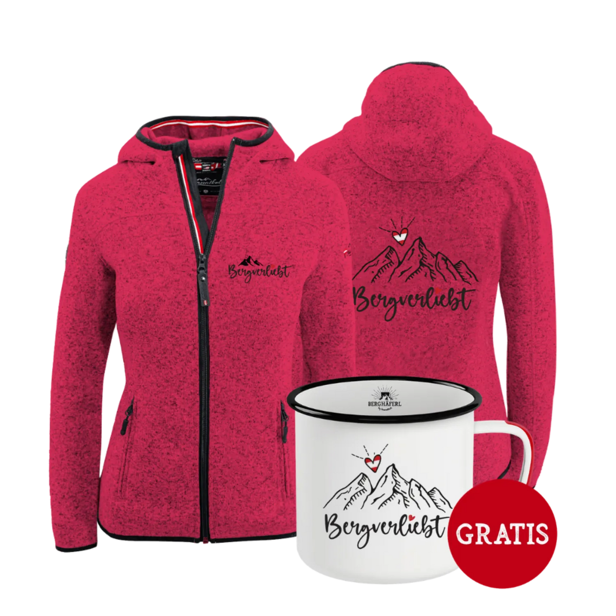 Geschenkpaket Bergverliebt Kultjacke magenta Berghäferl #Farbe_Magenta #Auswahl_Mit Kapuze