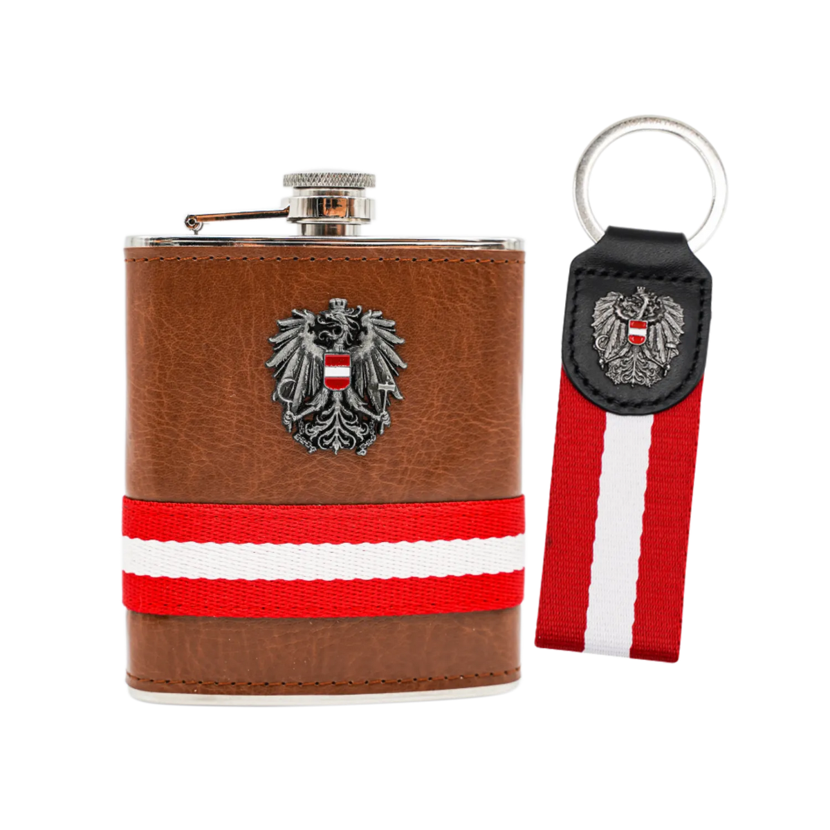 Geschenkpaket Flachmann Webstreifen Schlüsselanhänger