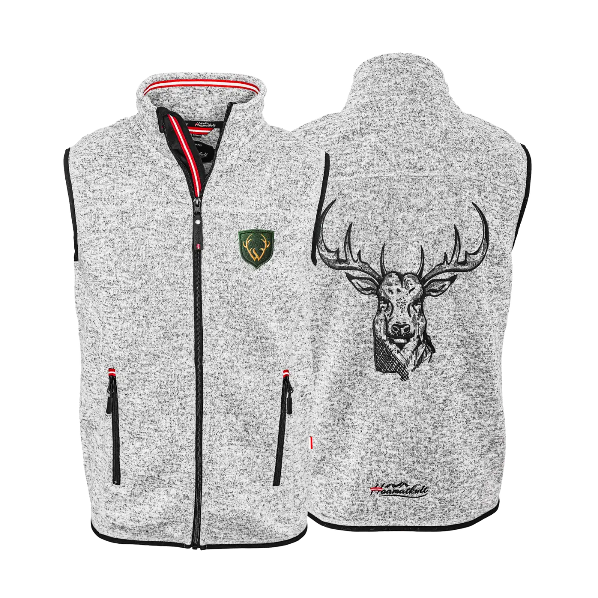 Hellgraues Strickfleece Gilet Hirsch Stickerei #Farbe_Hellgrau