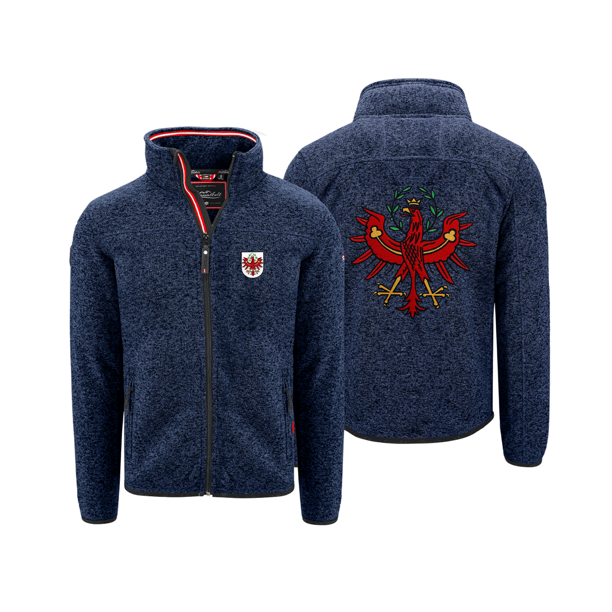 Herren Strickfleece Jacke ohne Kapuze navy mit Tirol Stick #Farbe_Dunkelblau