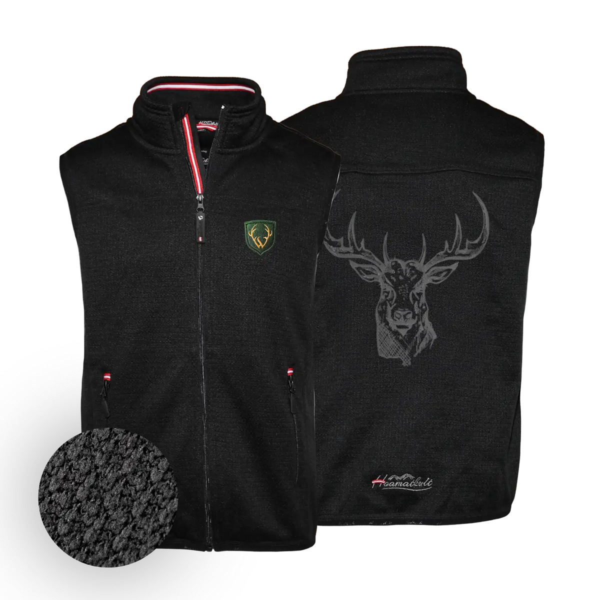 Hoamatkult Herren Fleece Gilet schwarz Hirsch Stick #Farbe_Schwarz-Strick
