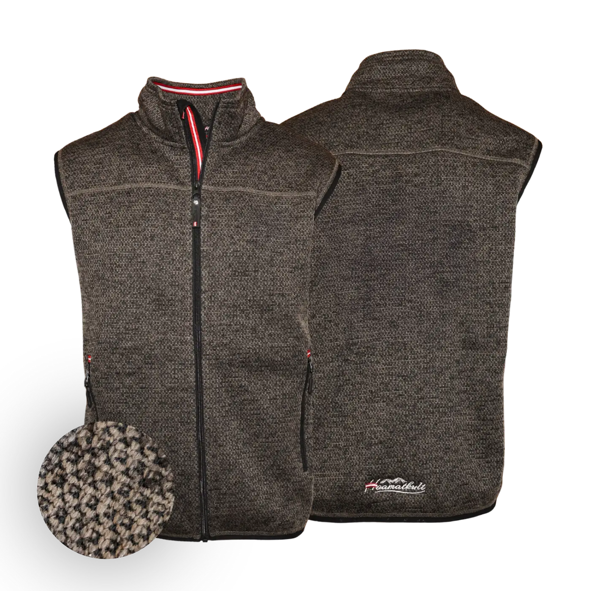 Hoamatkult Österreich Fleece Gilet Strickoptik #Farbe_Dunkelbraun-Strick