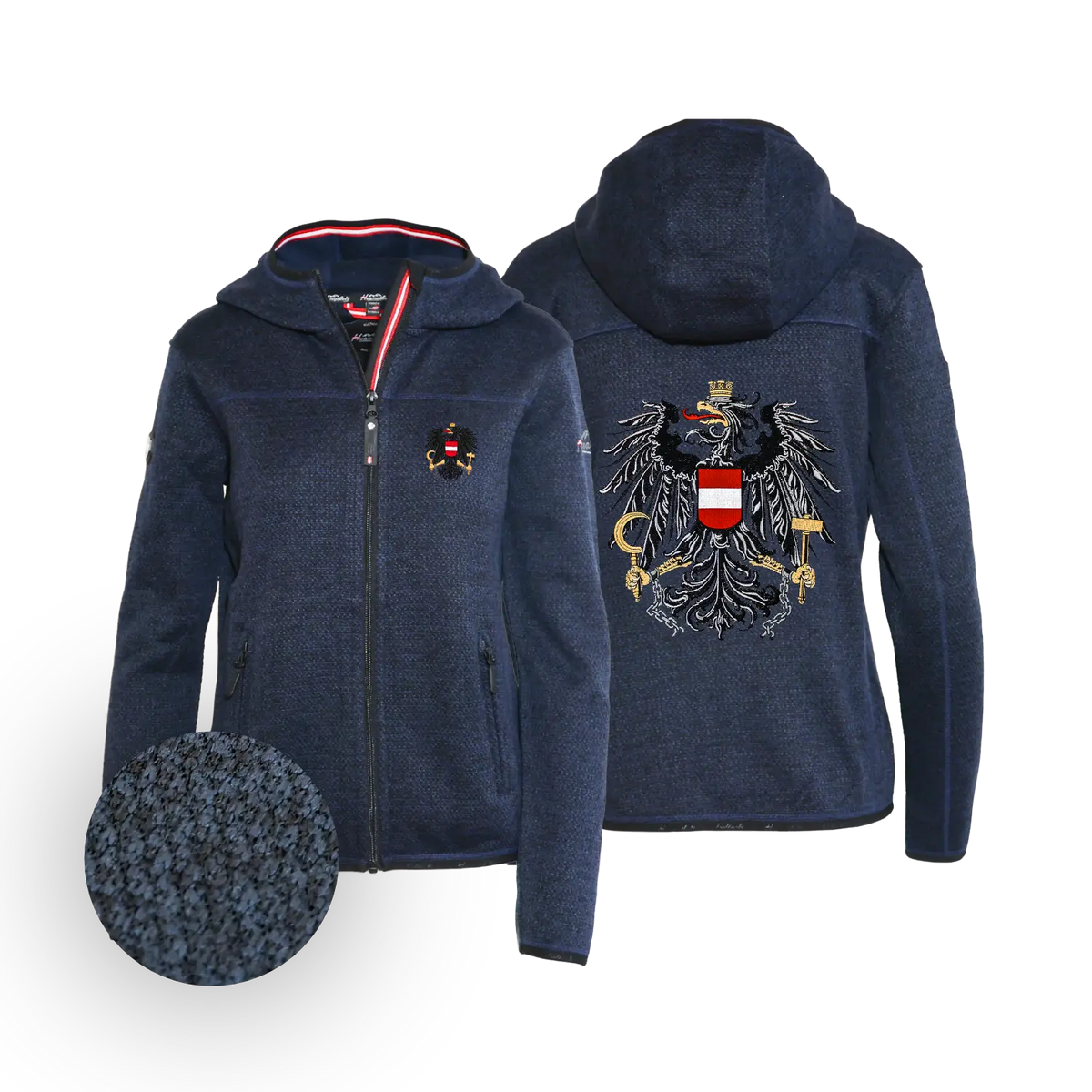 Österreich Adler Trachten Jacke mit Kapuze dunkelblau Damen #Farbe_Dunkelblau-Strick