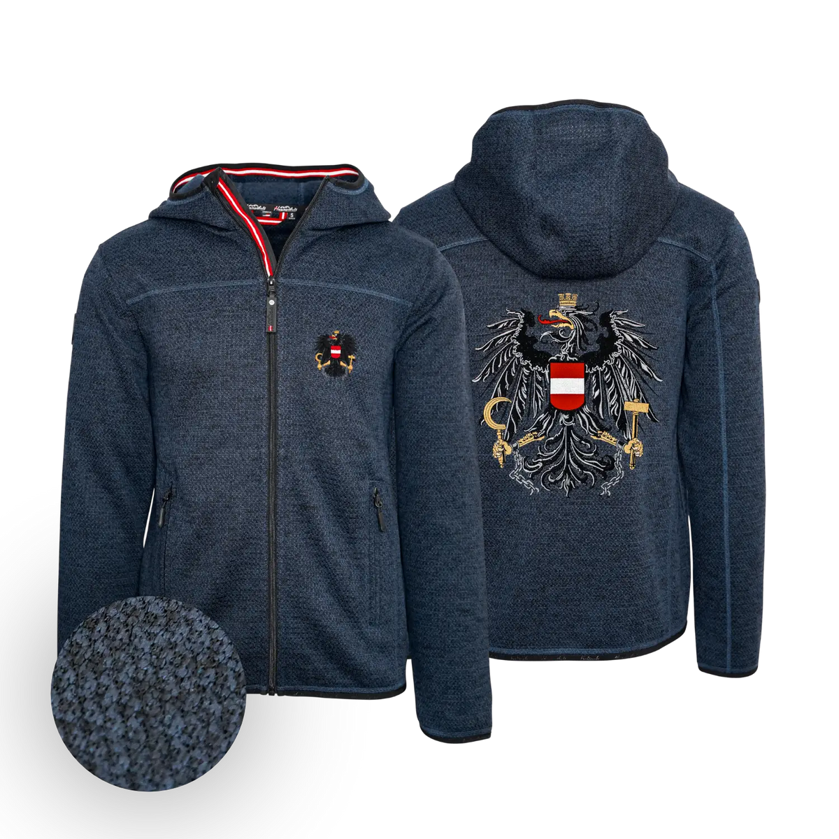 Österreich Adler Trachten Jacke mit Kapuze dunkelblau #Farbe_Dunkelblau-Strick