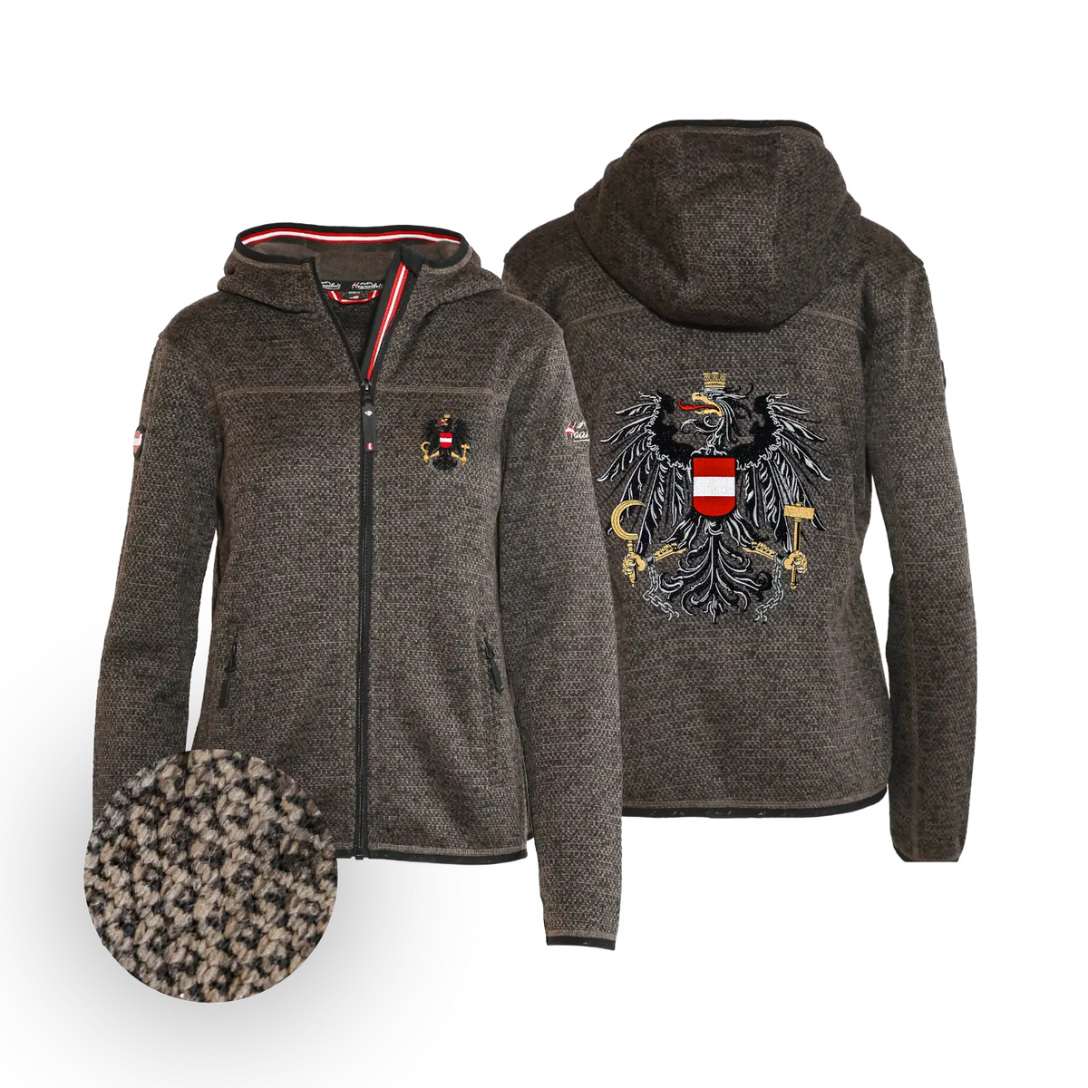 Österreich Adler Trachten Jacke mit Kapuze dunkelbraun Damen #Farbe_Dunkelbraun-Strick