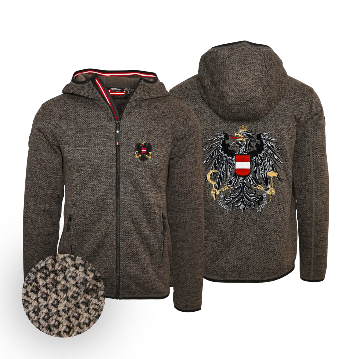 Österreich Adler Trachten Jacke mit Kapuze dunkelbraun #Farbe_Dunkelbraun-Strick