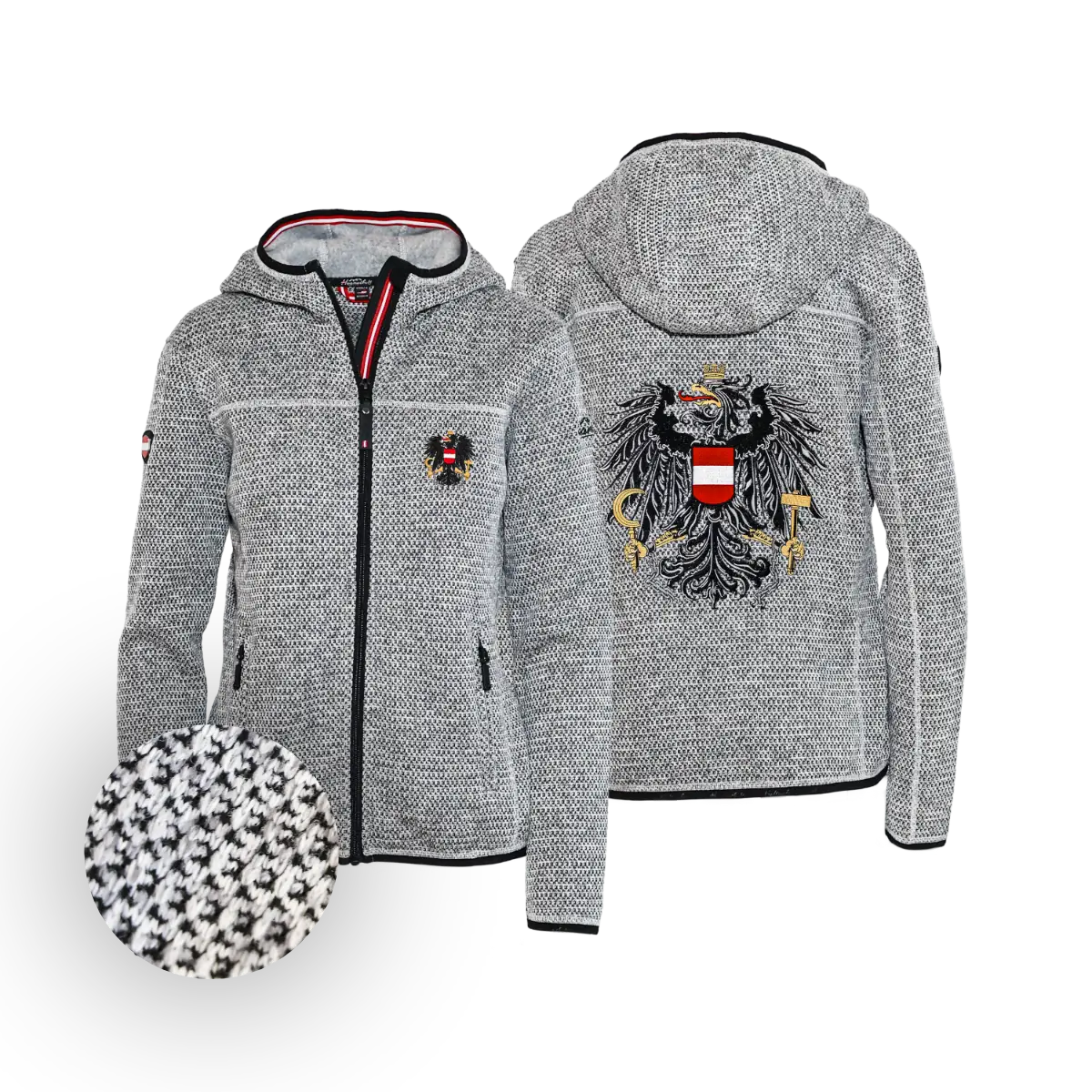 Österreich Adler Trachten Jacke mit Kapuze hellgrau Damen #Farbe_Grau-Strick