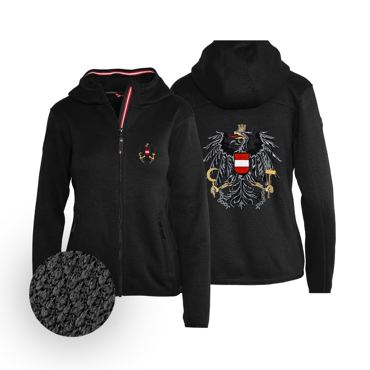 Österreich Adler Trachten Jacke mit Kapuze schwarz Damen #Farbe_Schwarz-Strick