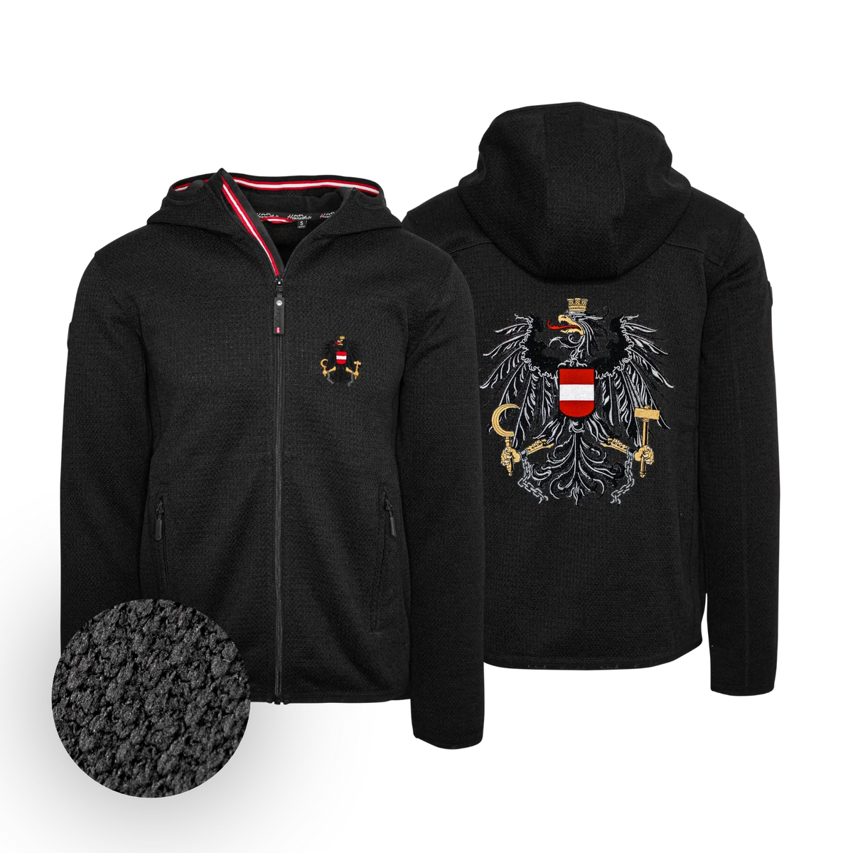 Österreich Adler Trachten Jacke mit Kapuze schwarz #Farbe_Schwarz-Strick