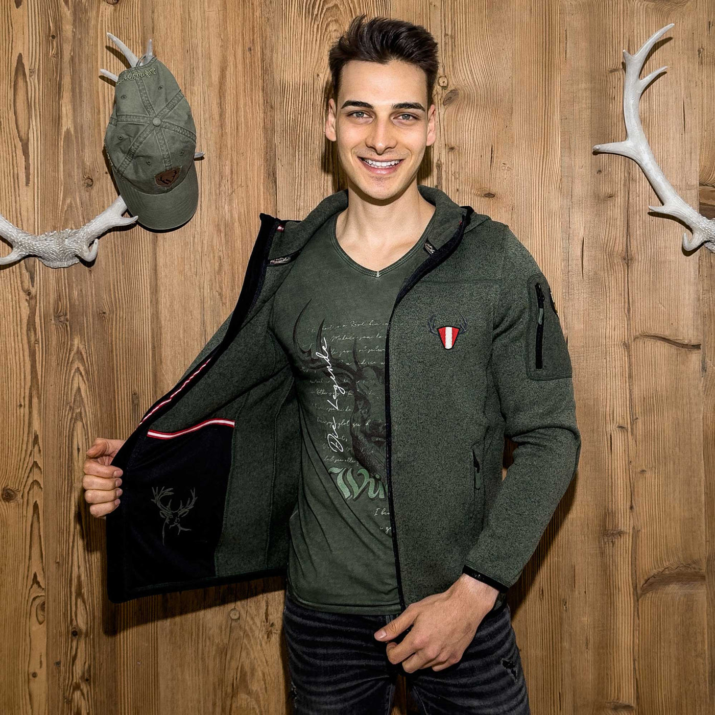 Österreich Geweih Strickfleece Jacke
