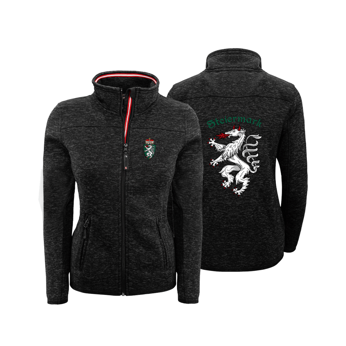 Schwarze Strickfleece Jacke ohne Kapuze für Damen mit Steirer Wappen #Farbe_Schwarz