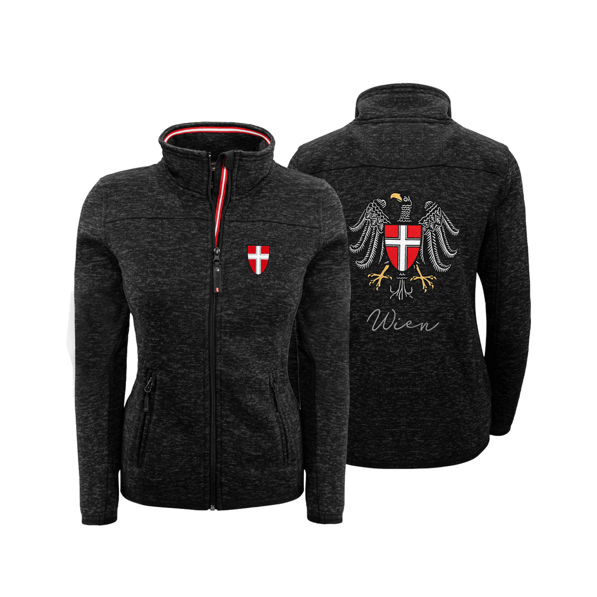 Schwarze Strickfleece Jacke ohne Kapuze für Damen mit Wiener Wappen #Farbe_Schwarz