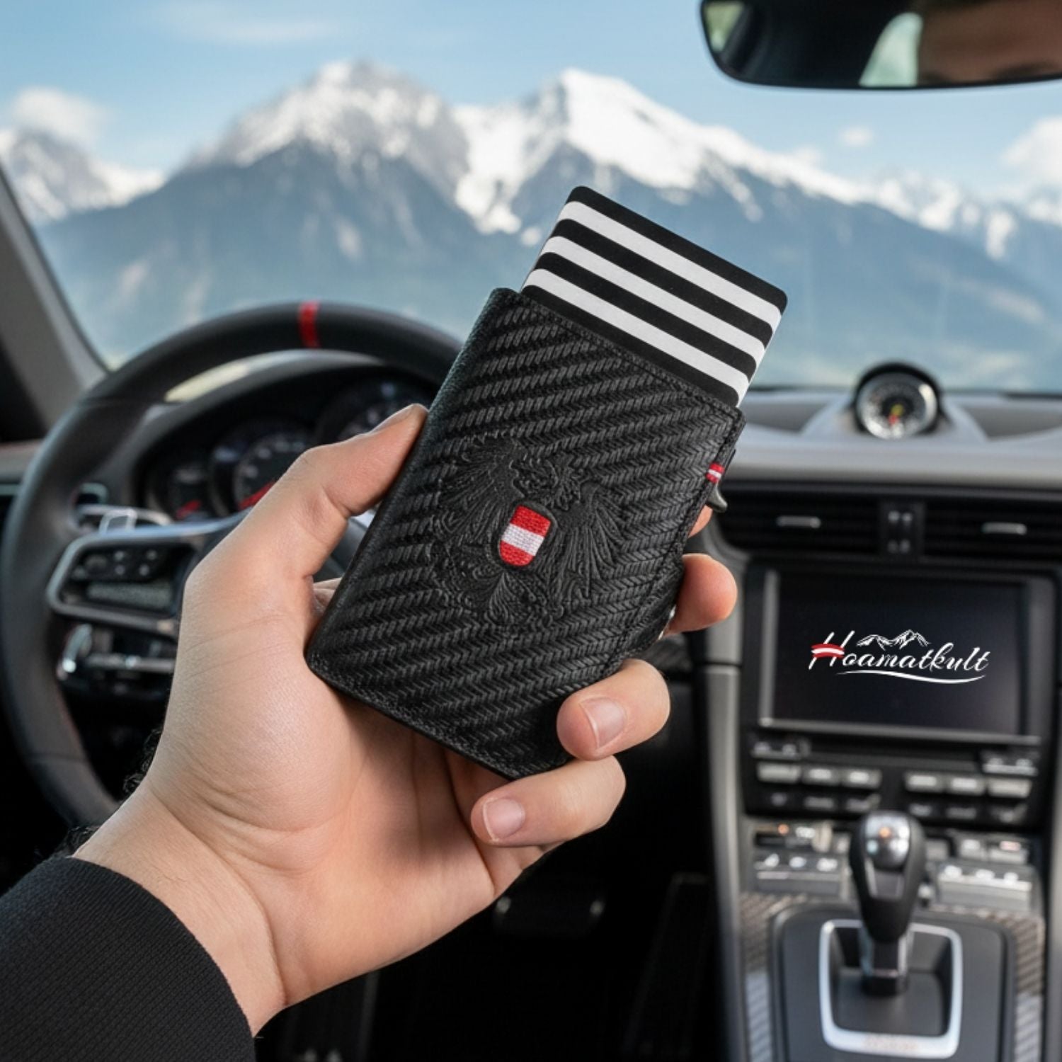 Adler Smart Wallet mit Karten-Pop-Up Funktion aus Echtleder - Carbon Schwarz