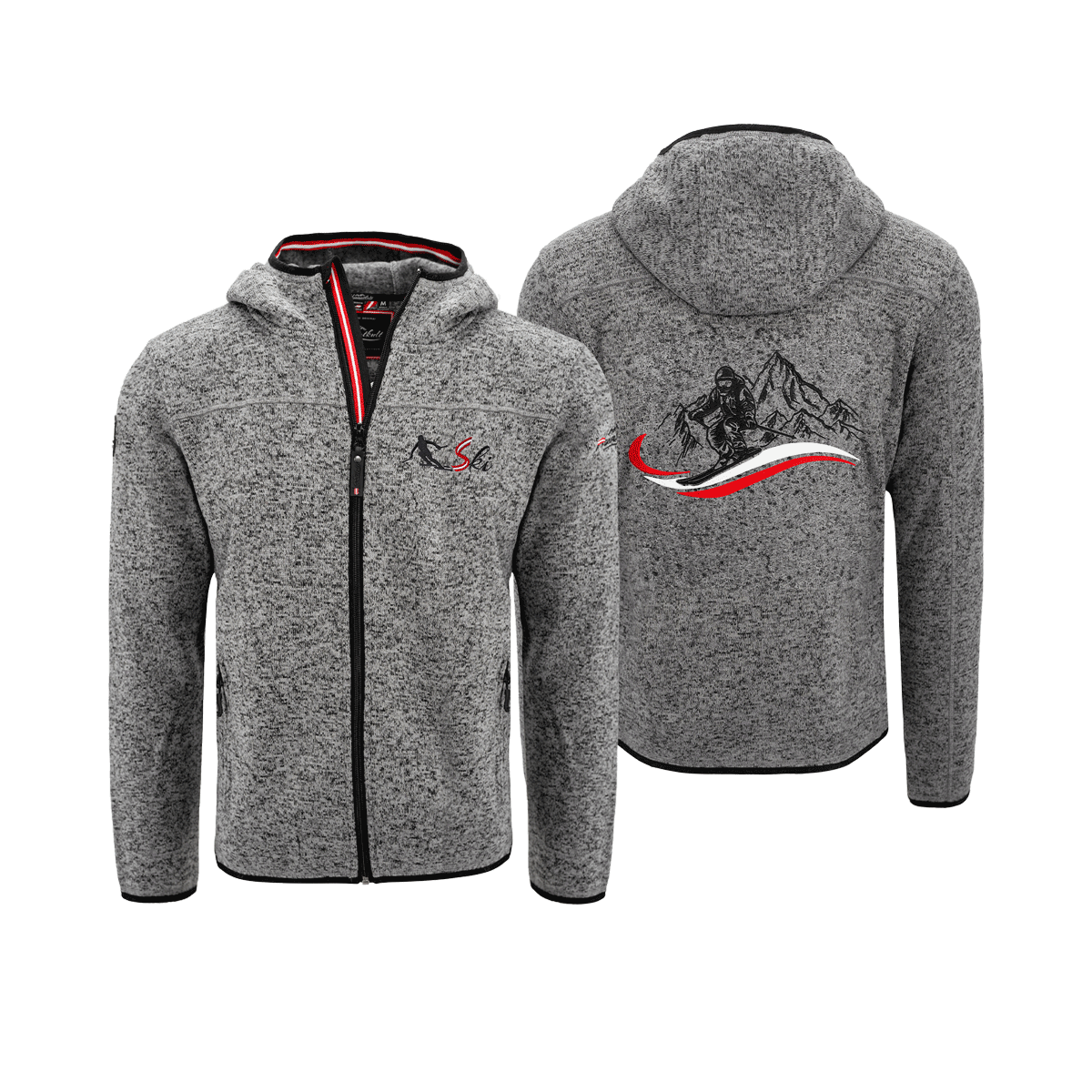 Strickfleece Jacke für Herren dunkelgrau mit Ski Motiv #Farbe_Dunkelgrau