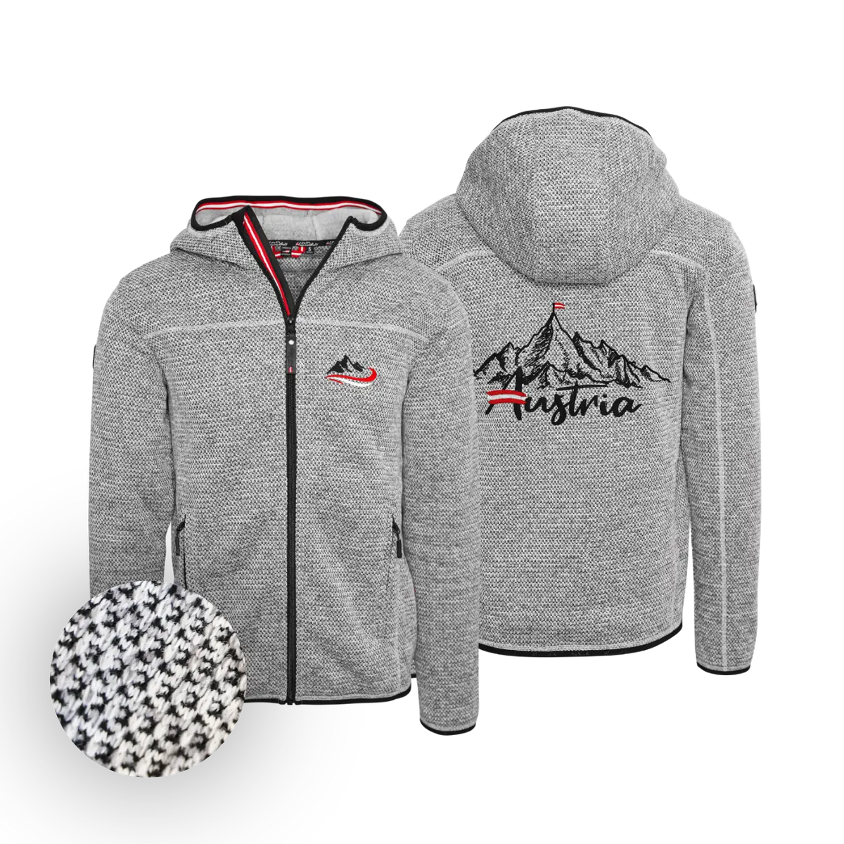 Strickoptik Fleece Weste hellgrau Berg Motiv #Farbe_Grau-Strick