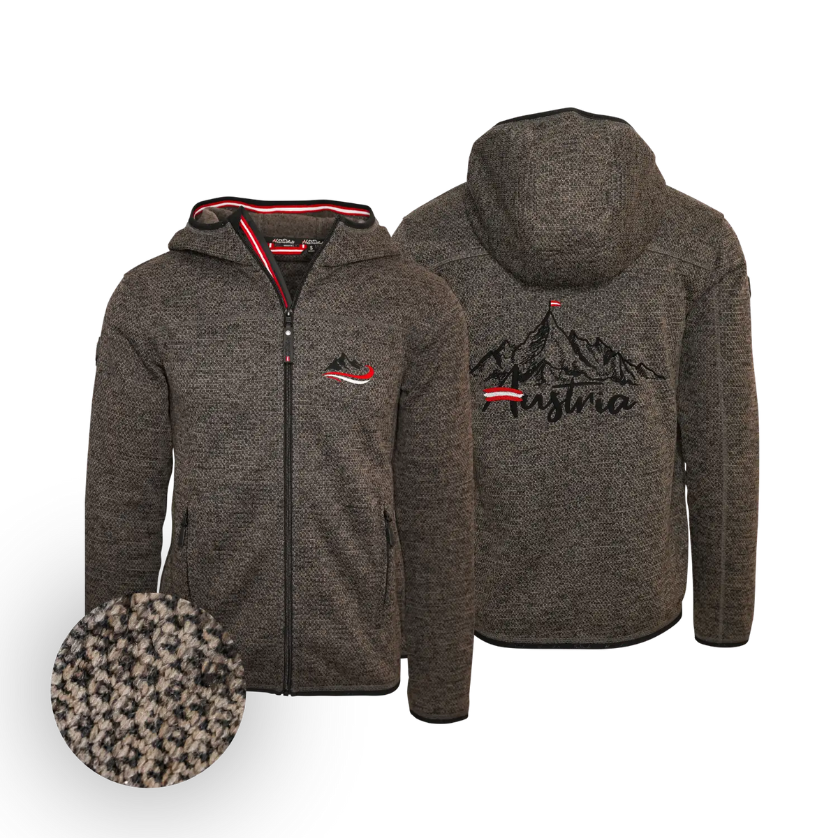 Trachten Fleece Jacke für Herren mit Berg Stickerei #Farbe_Dunkelbraun-Strick