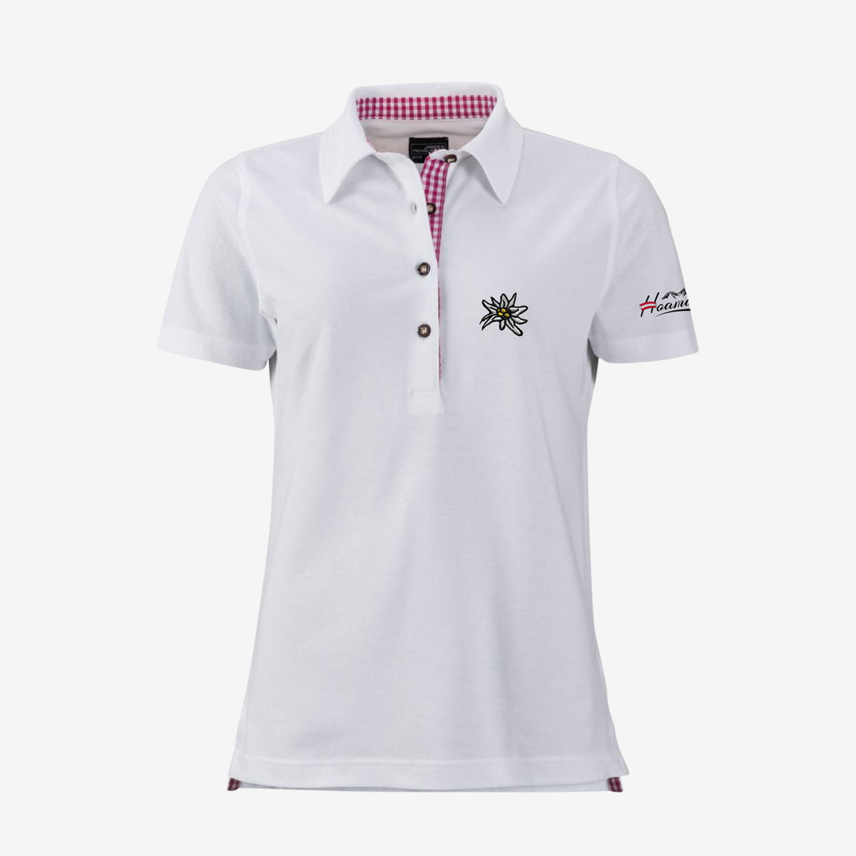 Edelweiss Trachtenpolo Damen weiss #Farbe_Weiss-Rosa-Kariert