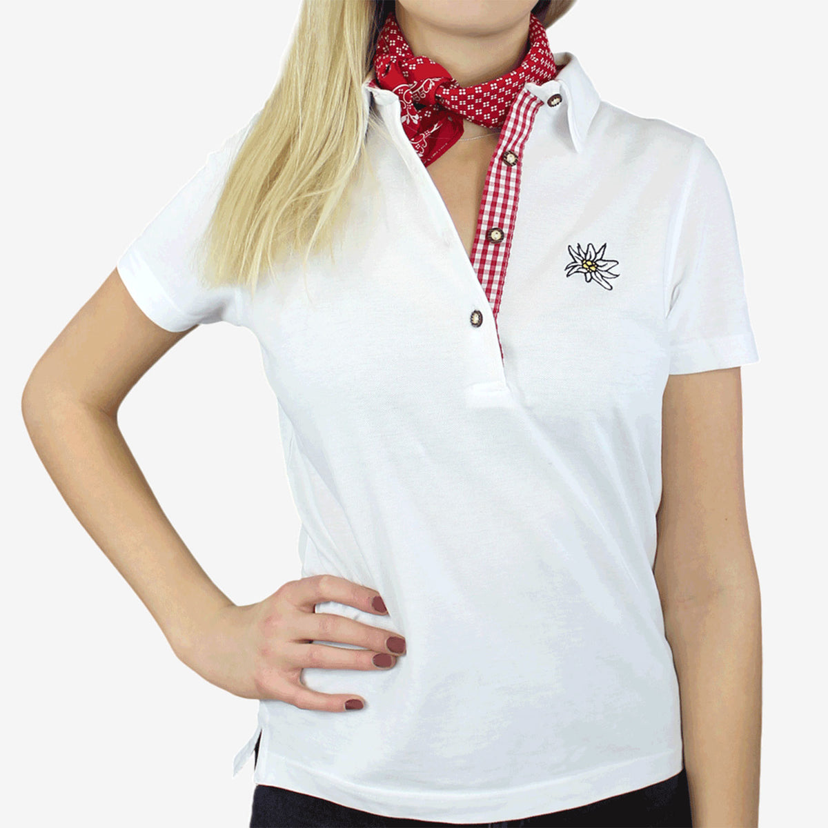 Österreich Edelweiss Trachtenpolo Shirt Damen Hoamatkult kaufen #Farbe_Weiss-Rot-Kariert