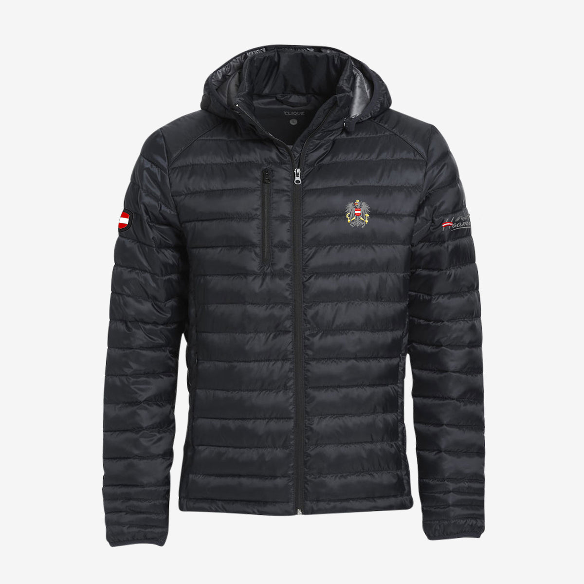 Schwarze Softshelljacke mit Österreich Adler Stickerei #Farbe_Schwarz