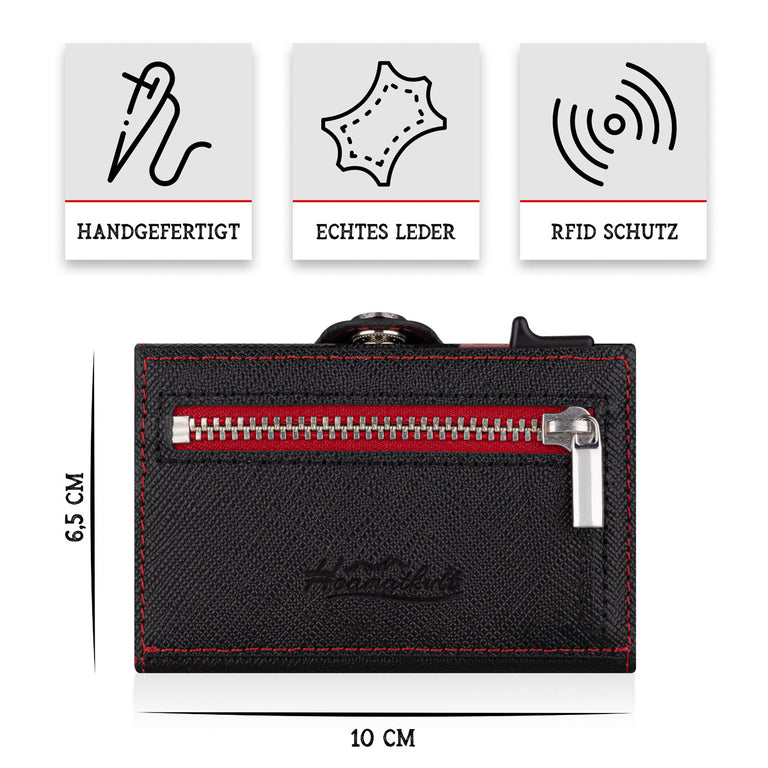 Adler Smart Wallet Trifold mit Karten-Pop-Up Funktion aus Echtleder - Saffiano Schwarz
