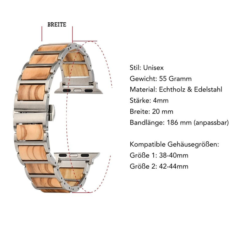 Armband für Apple Watch aus Edelstahl in Silberoptik & Olivenholz