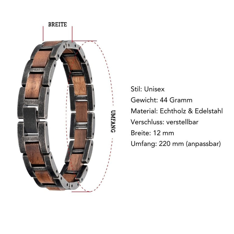 Armband aus Edelstahl in gebürsteter Silberoptik & Walnussholz
