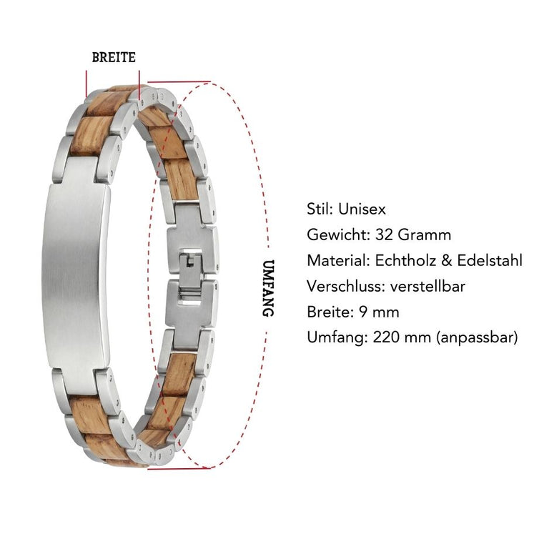 Elegantes Armband aus Edelstahl in Silberoptik & Zebrano