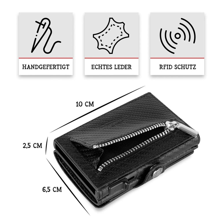 Adler Smart Wallet mit Karten-Pop-Up Funktion aus Echtleder - Carbon Schwarz