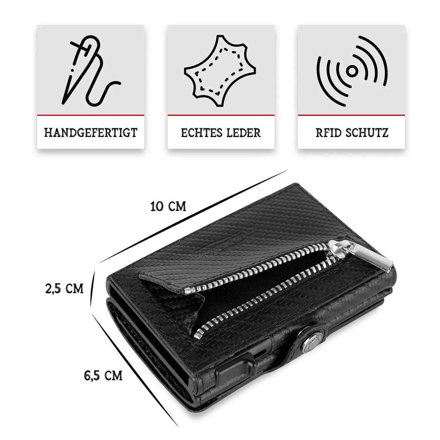 Adler Smart Wallet mit Karten-Pop-Up Funktion aus Echtleder - Carbon Schwarz