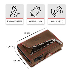 Adler Smart Wallet Trifold mit Karten-Pop-Up Funktion aus Echtleder - Vintage Braun Rot Kontrast