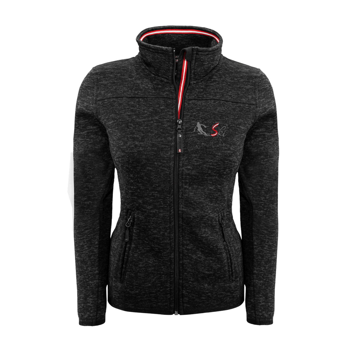 Damen Strickfleece Jacke ohne Kapuze schwarz Skifahrer Motiv #Farbe_Schwarz