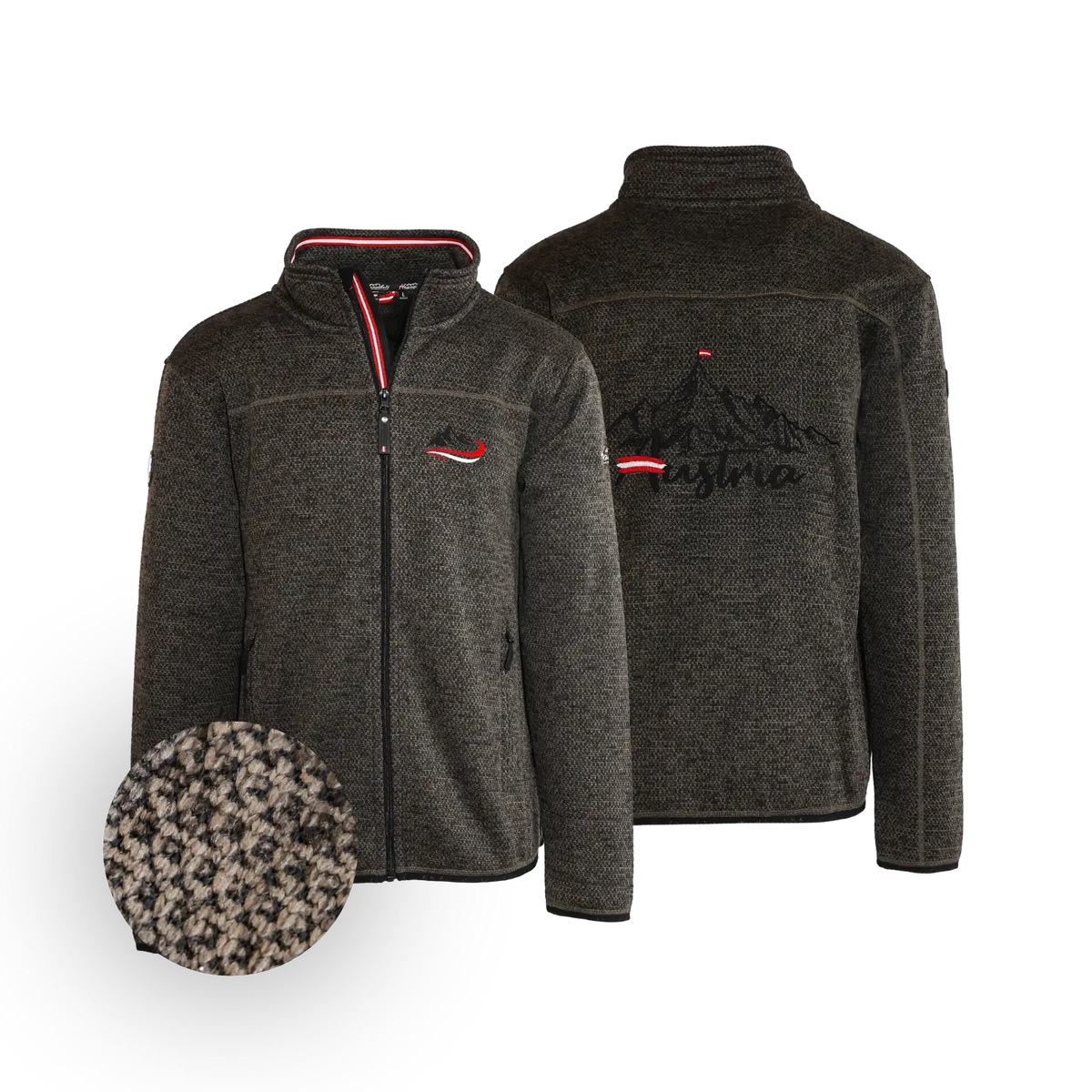 Dunkelbraune Trachten Jacke ohne Kapuze Berg Motiv #Farbe_Dunkelbraun-Strick