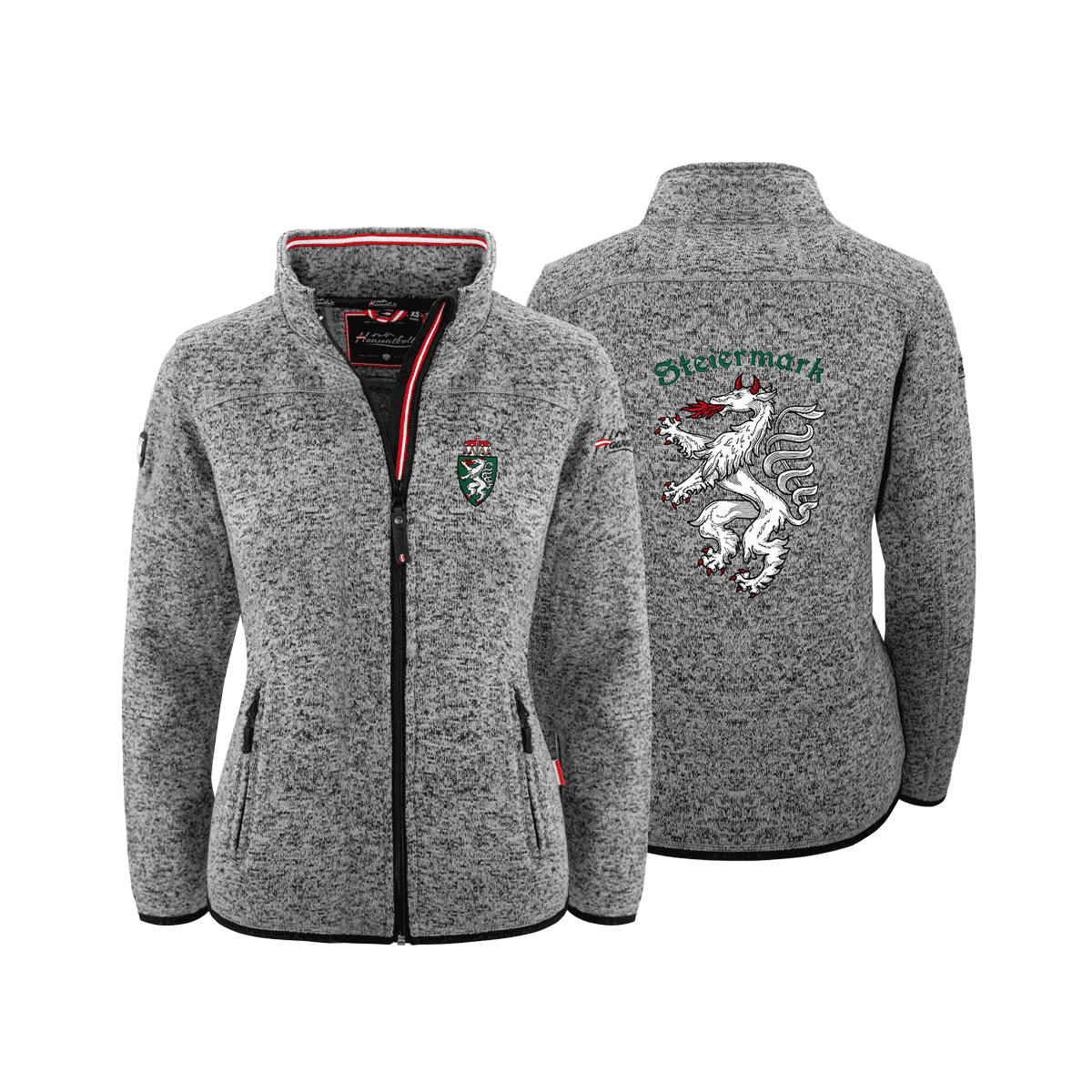Dunkelgraue Damen Fleece Jacke ohne Kapuze Steiermark Stickerei #Farbe_Dunkelgrau