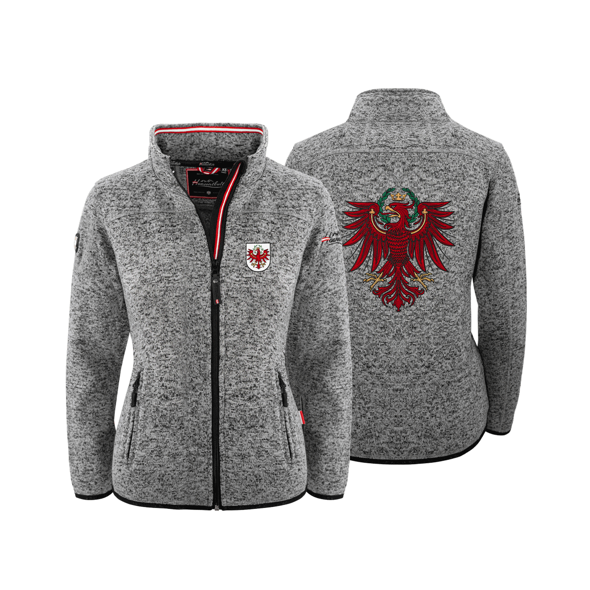 Dunkelgraue Damen Fleece Jacke ohne Kapuze Tirol Stickerei #Farbe_Dunkelgrau