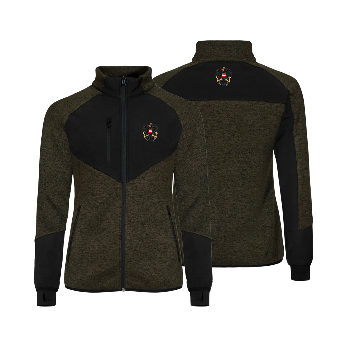 Dunkelgrüne Damen Strickfleece Jacke Österreich Stick #Farbe_Dunkelgrün