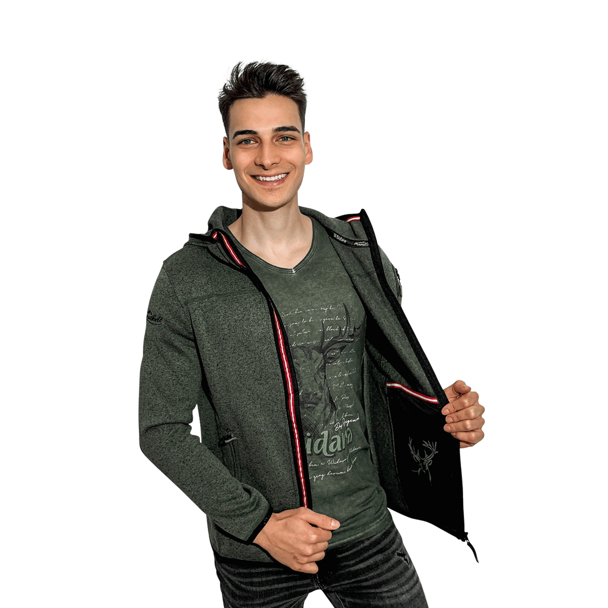 Dunkelgrüne Trachten Weste mit Kapuze für Herren #Farbe_Dunkelgrün