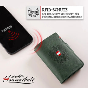 Adler Smart Wallet mit Karten-Pop-Up Funktion aus Echtleder - Dunkelgrün