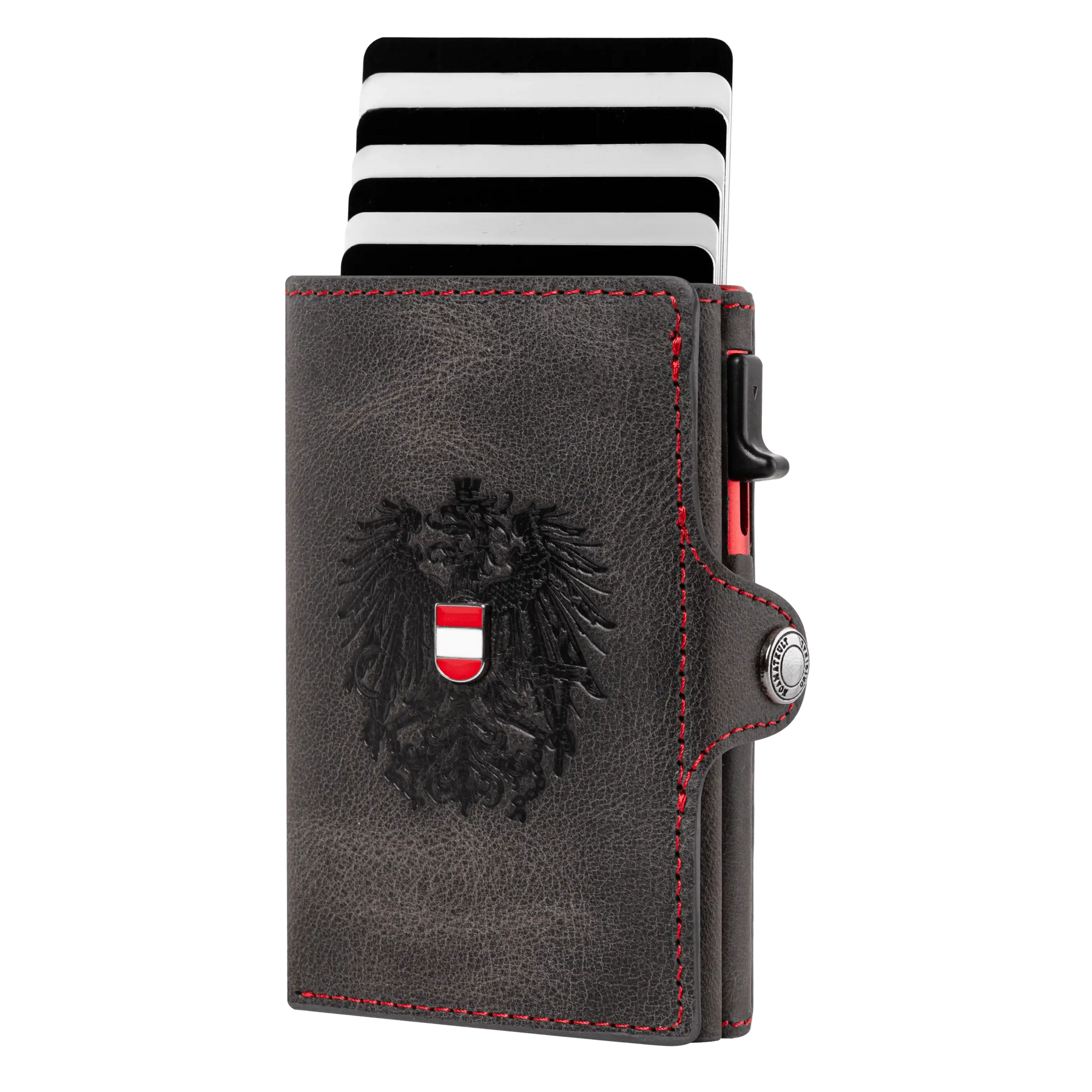 Adler Smart Wallet Trifold mit Karten-Pop-Up Funktion aus Echtleder - Schwarz Rot