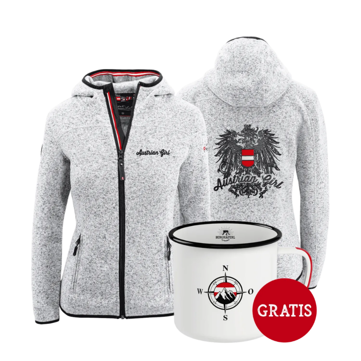 Geschenkpaket Austrian Girl Kultjacke hellgrau Berghäferl #Farbe_Hellgrau #Auswahl_Mit Kapuze