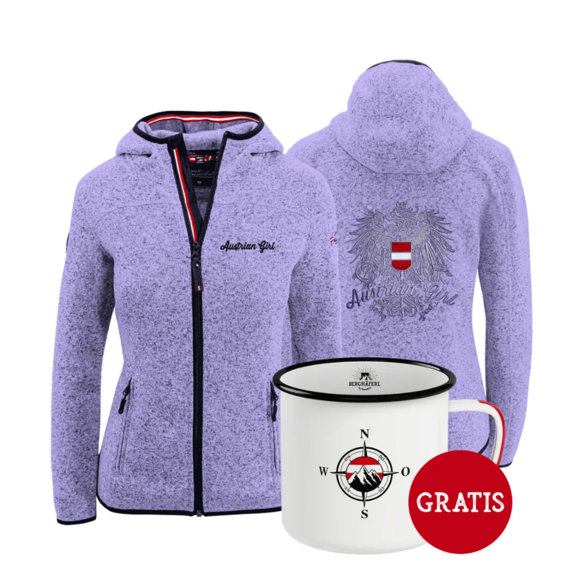 Geschenkpaket Austrian Girl Kultjacke lila Berghäferl #Farbe_Lila #Auswahl_Mit Kapuze