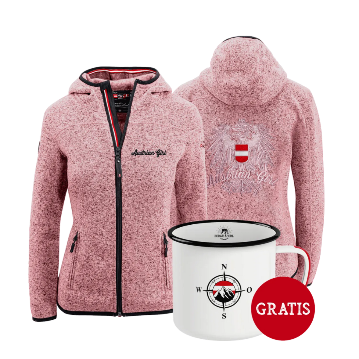 Geschenkpaket Austrian Girl Kultjacke rosa Berghäferl #Farbe_Rosa #Auswahl_Mit Kapuze