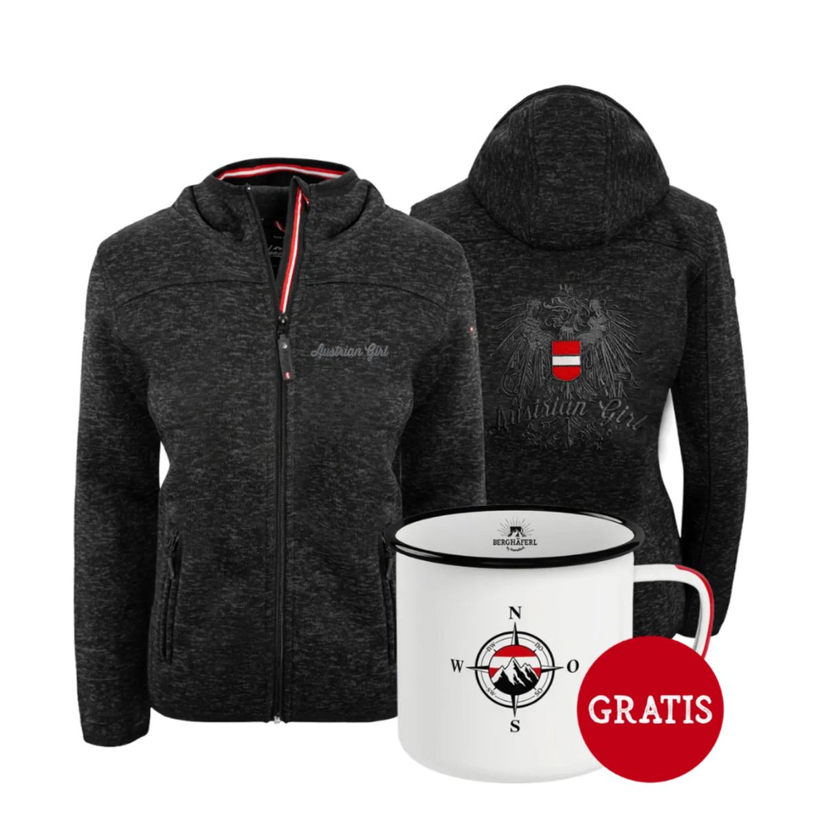 Geschenkpaket Austrian Girl Kultjacke schwarz Berghäferl #Farbe_Schwarz #Auswahl_Mit Kapuze