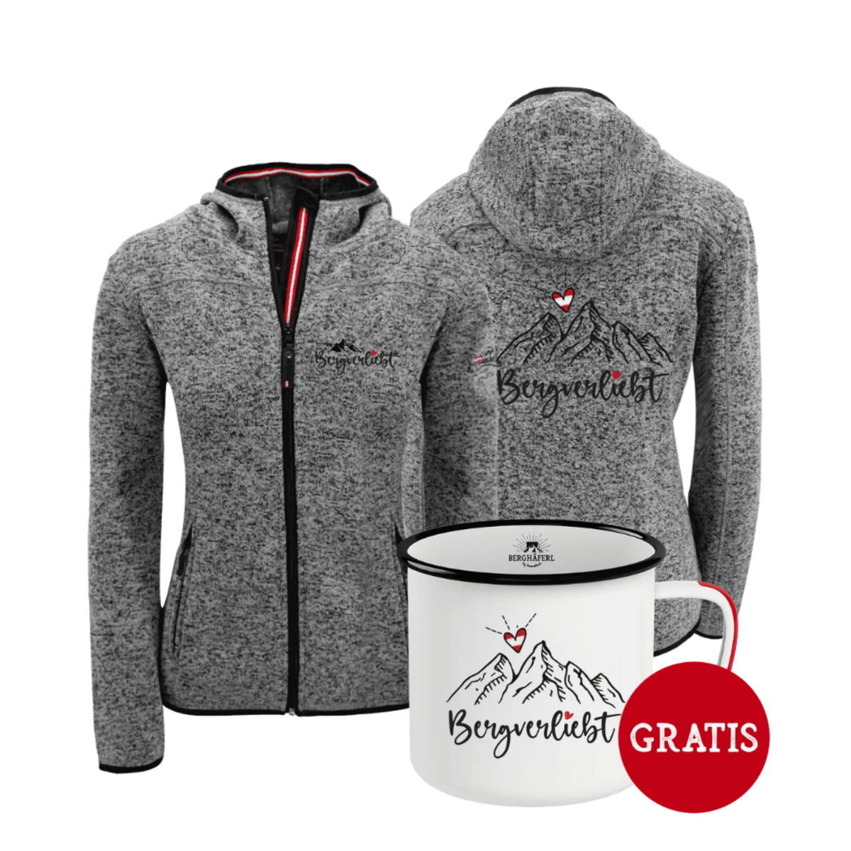 Geschenkpaket Bergverliebt Kultjacke dunkelgrau Berghäferl #Farbe_Dunkelgrau #Auswahl_Mit Kapuze