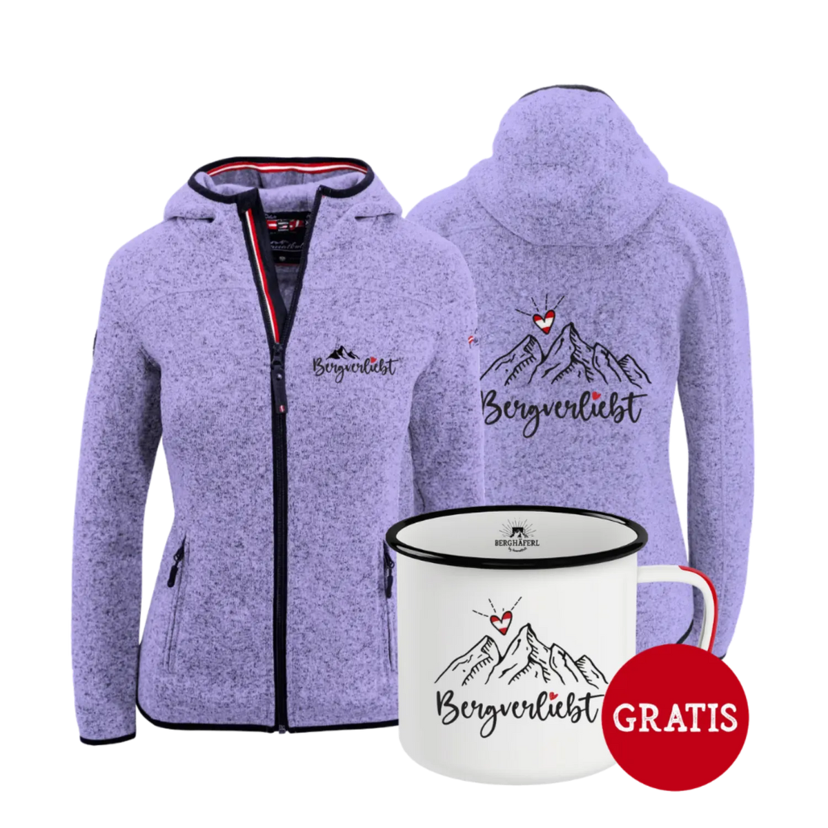 Geschenkpaket Bergverliebt Kultjacke lila Berghäferl #Farbe_Lila #Auswahl_Mit Kapuze