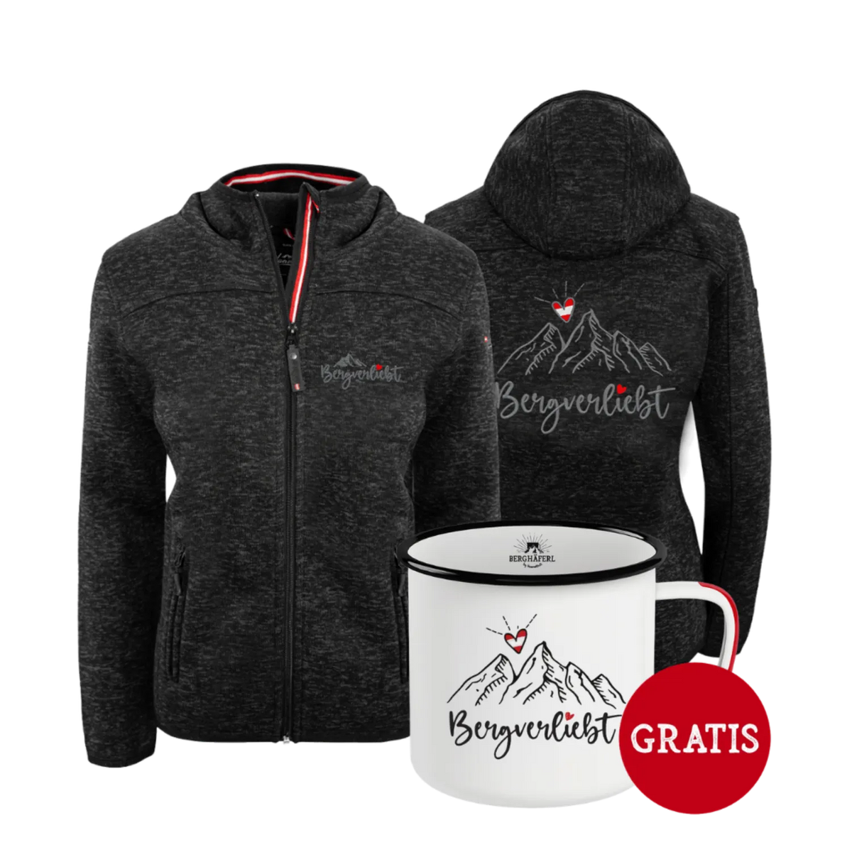 Geschenkpaket Bergverliebt Kultjacke schwarz Berghäferl #Farbe_Schwarz #Auswahl_Mit Kapuze